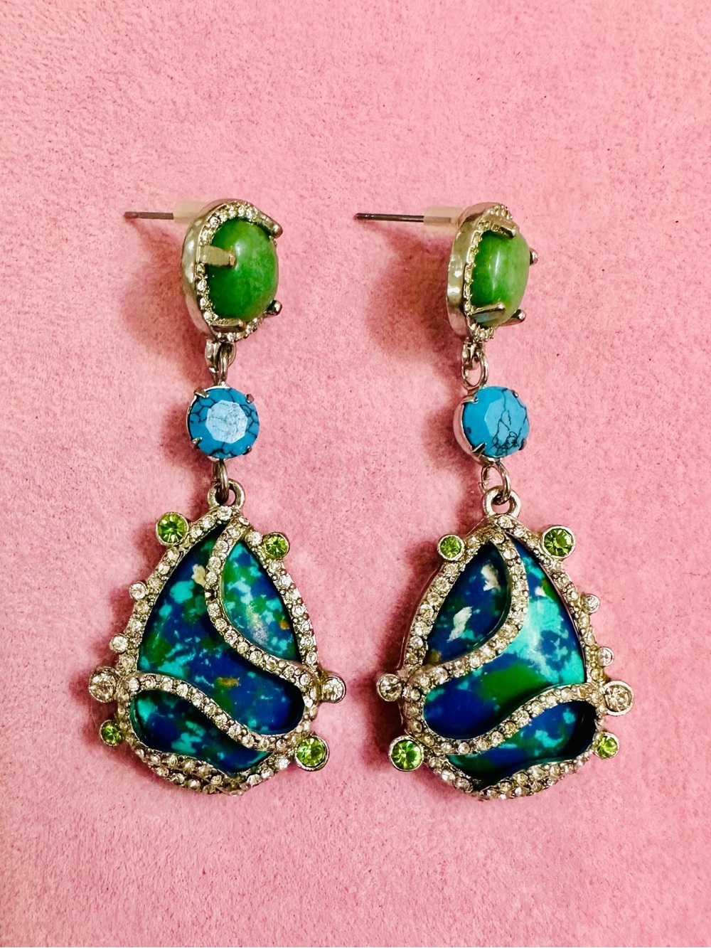 NWT Blue Green Rhinestone Statement Drop Earrings